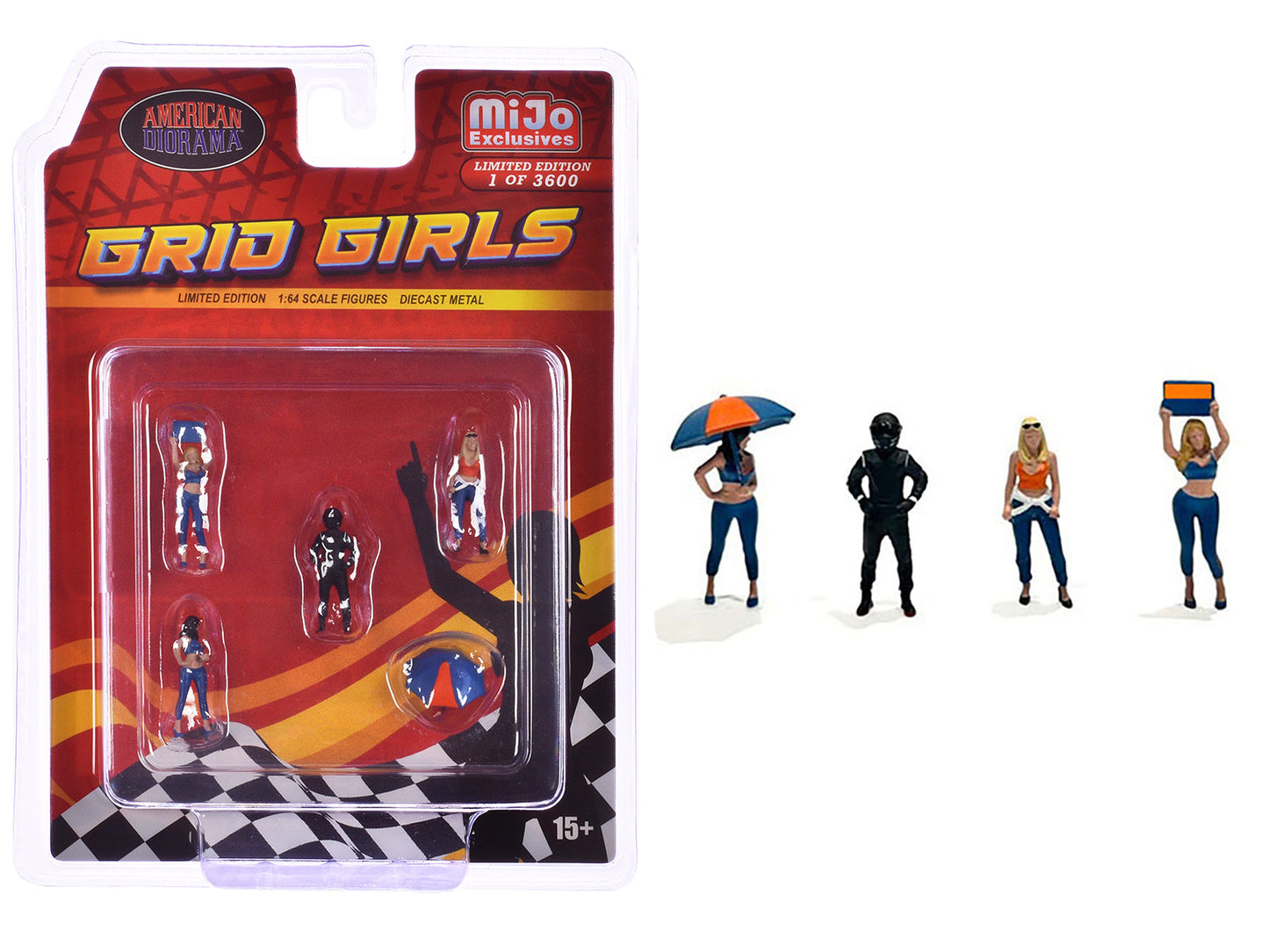 "Grid Girls" 5 piece Diecast Figure Set (4 People Figures 1 Umbrella) Limited Edition to 3600 pieces Worldwide for 1/64 Scale Models by American Diorama  free shipping USA