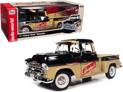 1957 Chevrolet 3100 Stepside Pickup Truck Black and Tan with Graphics "Leinenkugle's Beer The Pride of Chippewa Falls" 1/18 Diecast Model by Auto World  free shipping USA