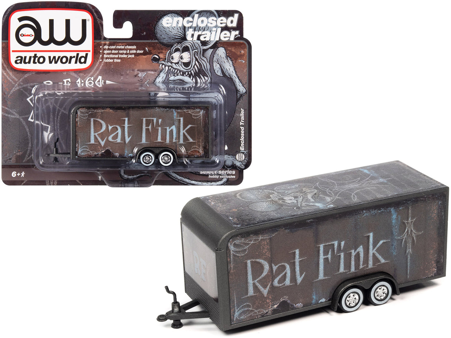 4-Wheel Enclosed Car Trailer Dark Gray with Graphics "Rat Fink" 1/64 Diecast Model by Auto World  free shipping USA