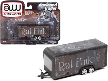 4-Wheel Enclosed Car Trailer Dark Gray with Graphics "Rat Fink" 1/64 Diecast Model by Auto World  free shipping USA