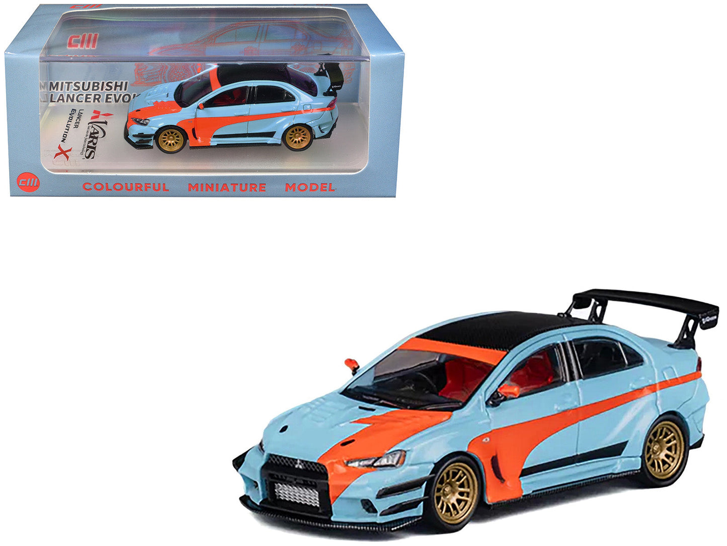 Mitsubishi Lancer Evolution X Varis RHD (Right Hand Drive) Light Blue with Black Top and Orange Stripes 1/64 Diecast Model Car by CM Model  free shipping USA