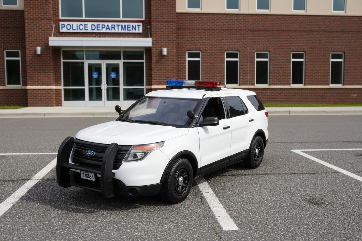 2015 Ford Police Interceptor Utility White with Flashing Light Bar and Front and Rear Lights and 2 Sounds 1/24 Diecast Model Car by Motormax  free shipping USA