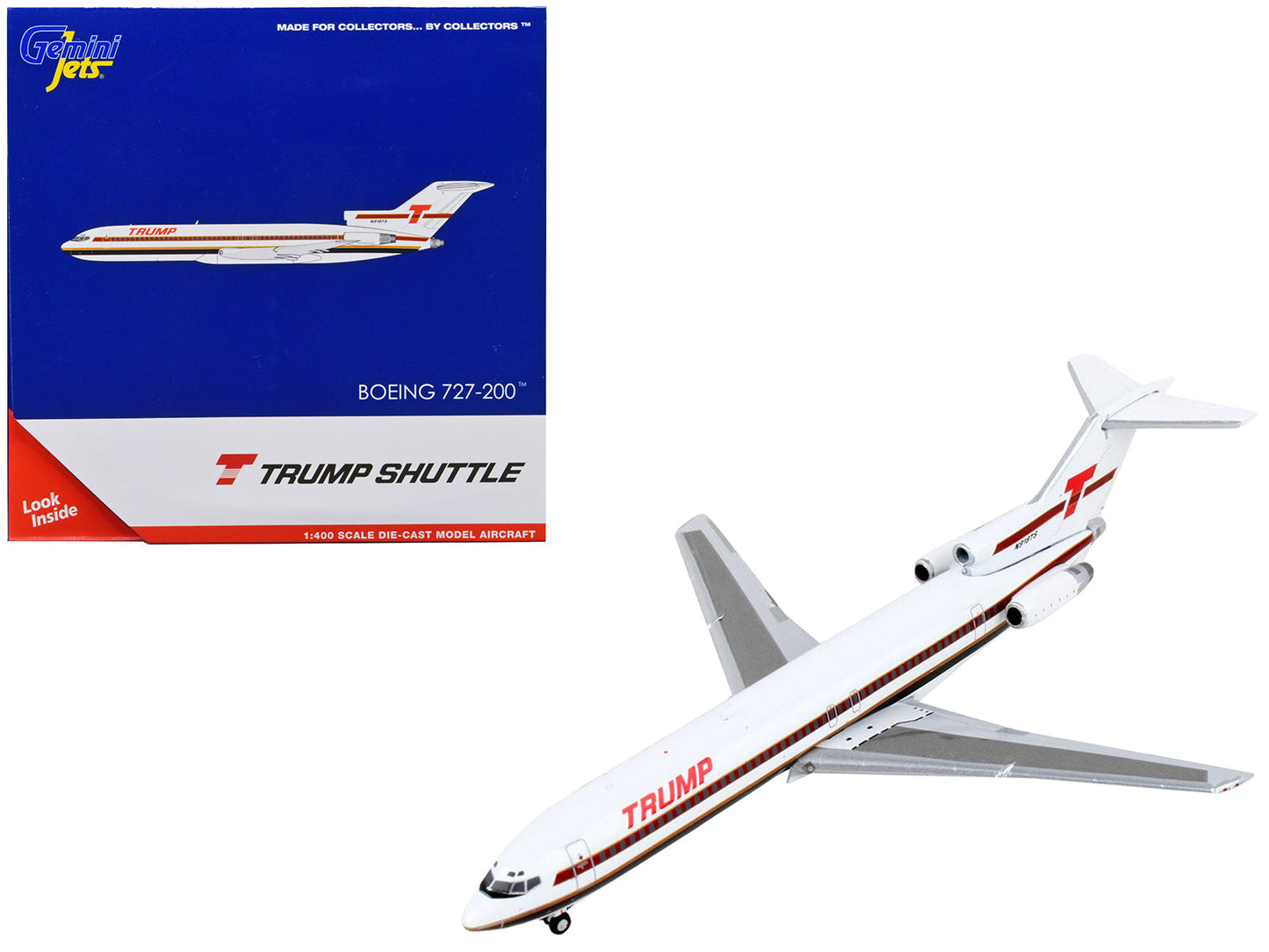 Boeing 727-200 Commercial Aircraft "Trump Shuttle" White with Red Stripes 1/400 Diecast Model Airplane by GeminiJets  free shipping USA