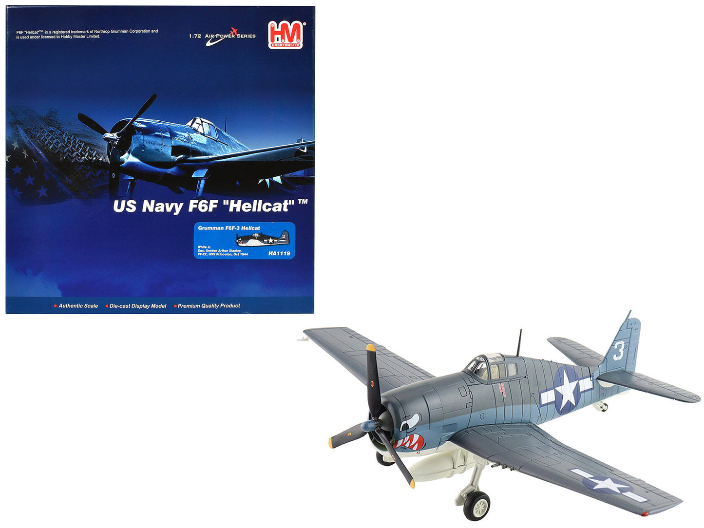 Grumman F6F-3 Hellcat Fighter Aircraft "Ens. Gordon Arthur Stanley VF-27 USS Princeton" (1944) United States Navy "Air Power Series" 1/72 Diecast Model by Hobby Master  free shipping USA