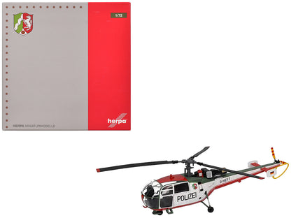 Aerospatiale Alouette III Helicopter "Polizeifliegerstaffel Nordrhein-Westfalen (Police Aviation Squadron North Rhine-Westphalia)" (D-HEFT) White with Red and Green Stripes 1/72 Diecast Model by Herpa  free shipping USA