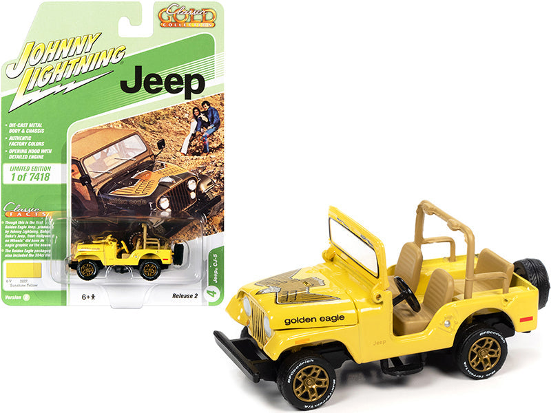 Jeep CJ-5 Sunshine Yellow with Golden Eagle Graphics "Classic Gold Collection" Limited Edition to 7418 pieces Worldwide 1/64 Diecast Model Car by Johnny Lightning  free shipping USA