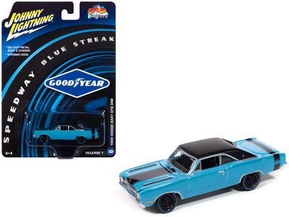 1969 Dodge Dart GTS 340 Blue with Black Top and Stripes "Goodyear Blue Streak" "Pop Culture" 2025 Release 1 1/64 Diecast Model Car by Johnny Lightning  free shipping USA