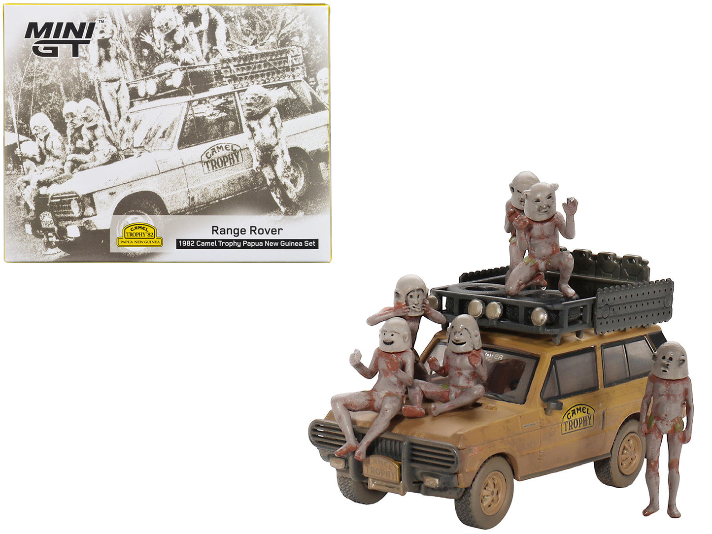 Range Rover with Roofrack Tan (Dirty Version) "Camel Trophy - Papua New Guinea Team USA" (1982) with "Papua New Guinea Asaro Mudmen" 6 piece Figure Set 1/64 Diecast Model Car by Mini GT  free shipping USA