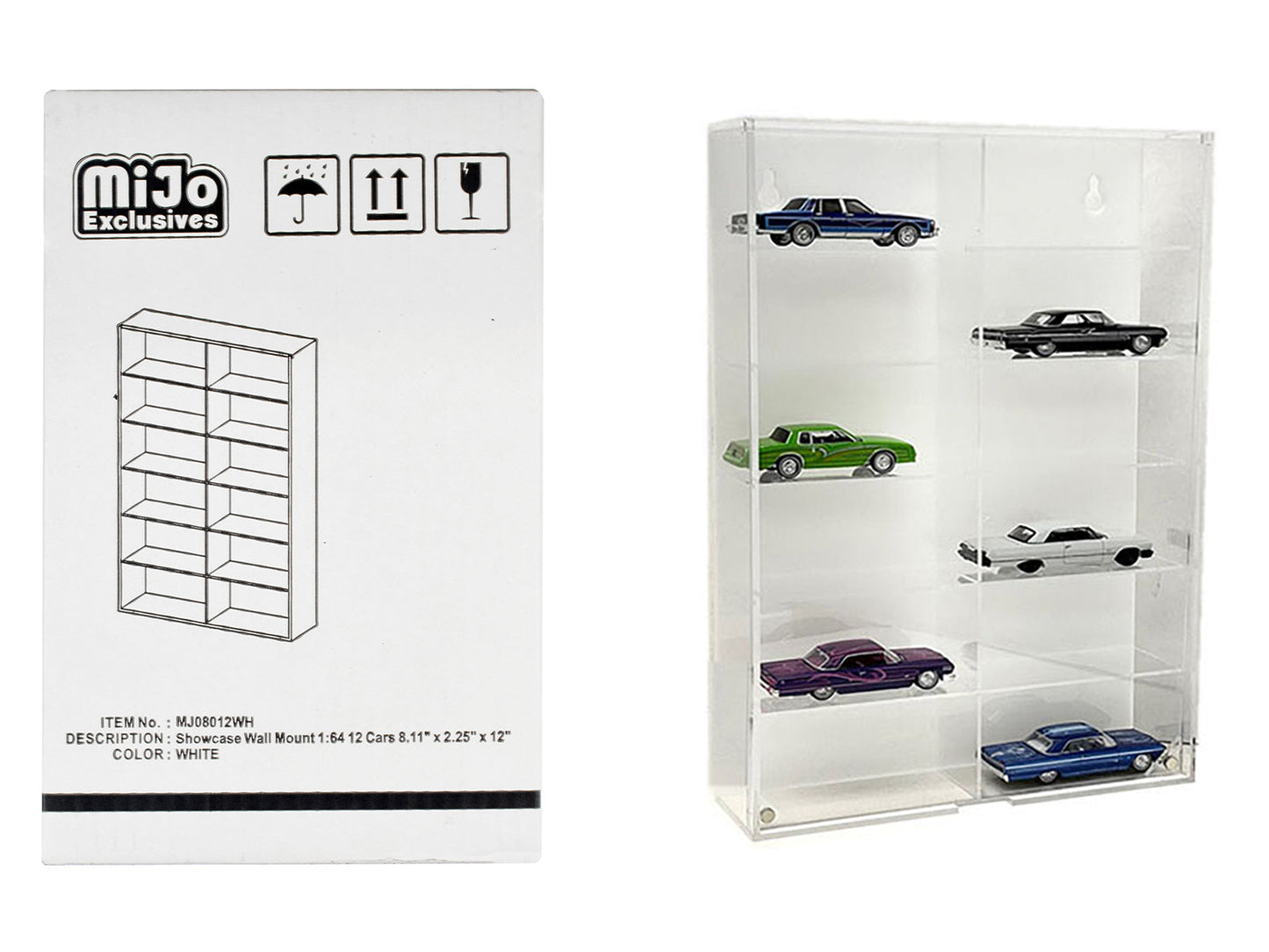 Showcase 12 Car Display Case Wall Mount with White Back Panel "Mijo Exclusives" for 1/64 Scale Models  free shipping USA