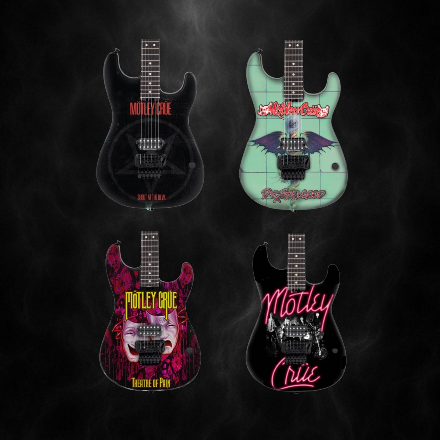 The Complete Mötley Crüe Album Cover Collectible Miniature Guitar Set – All 4 Official Mini Guitar Designs