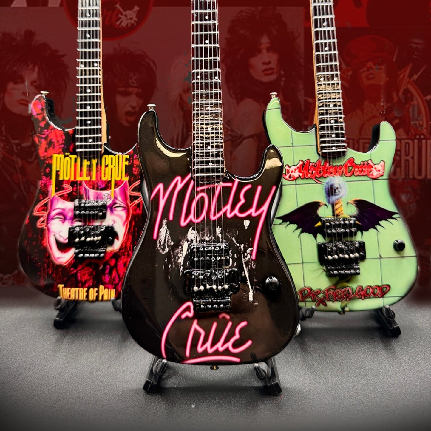 The Complete Mötley Crüe Album Cover Collectible Miniature Guitar Set – All 4 Official Mini Guitar Designs