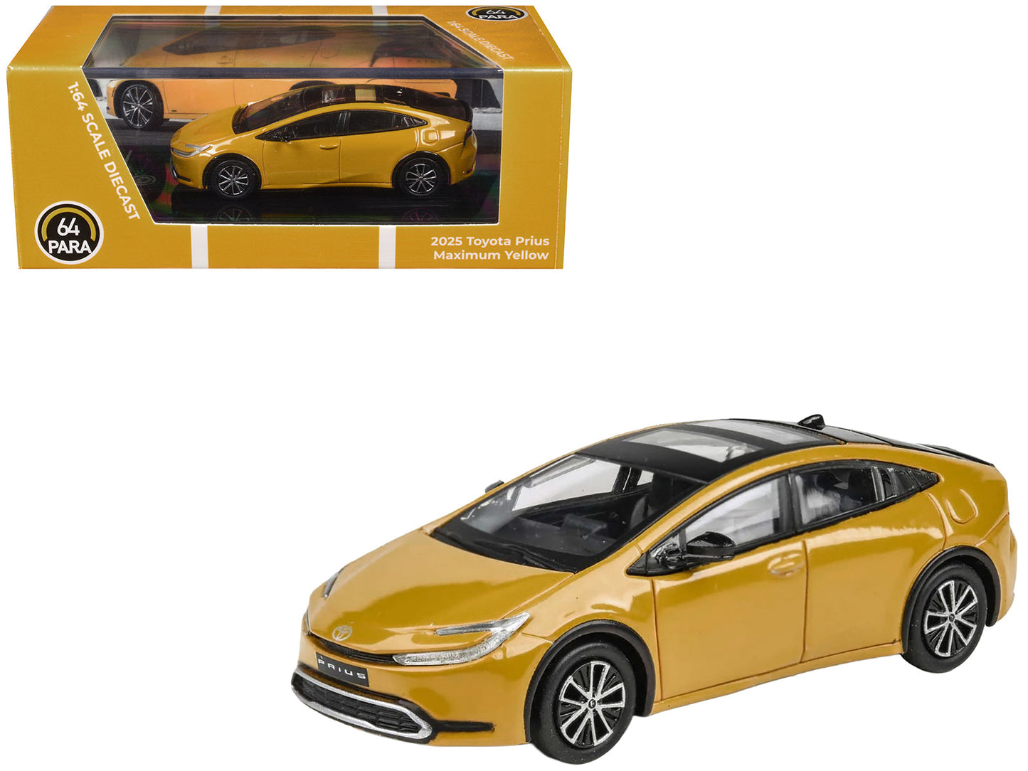 2023 Toyota Prius Maximum Yellow with Black Top and Sun Roof 1/64 Diecast Model Car by Paragon Models  free shipping USA