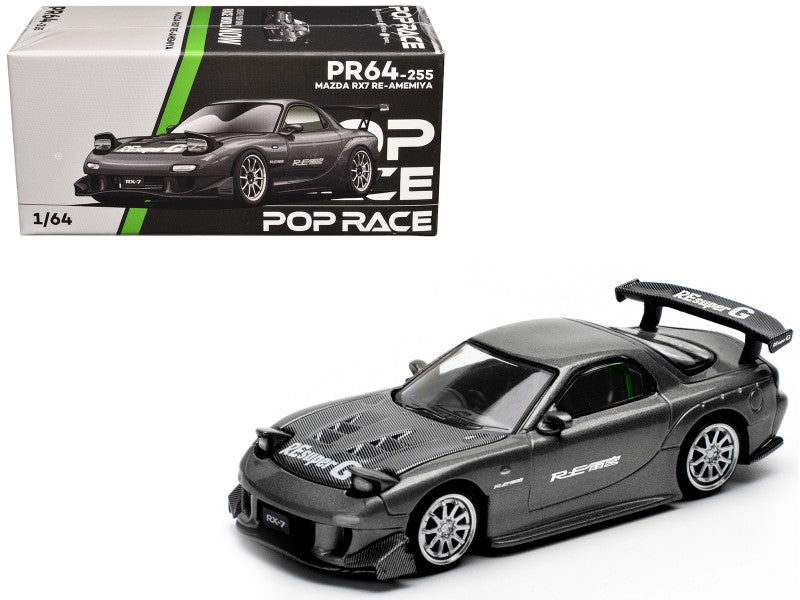 Mazda RX7 (FD) "RE Amemiya" Widebody RHD (Right Hand Drive) Gunmetal Gray Metallic with Carbon Hood 1/64 Diecast Model Car by Pop Race  free shipping USA