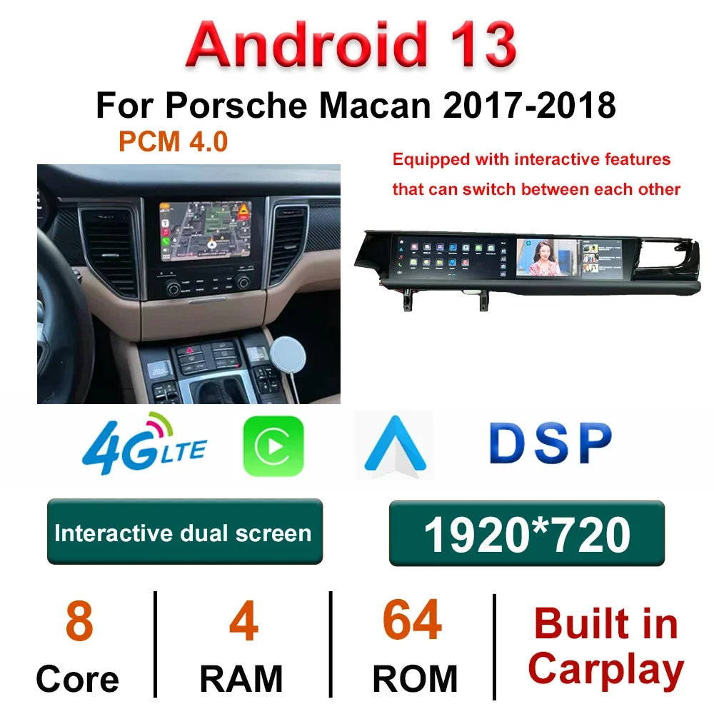 Double Interactive Screen Android 13 8+128G car radio Car Multimedia Stereo For Porsche Macan 2014-2018 DSP 360 Navigation