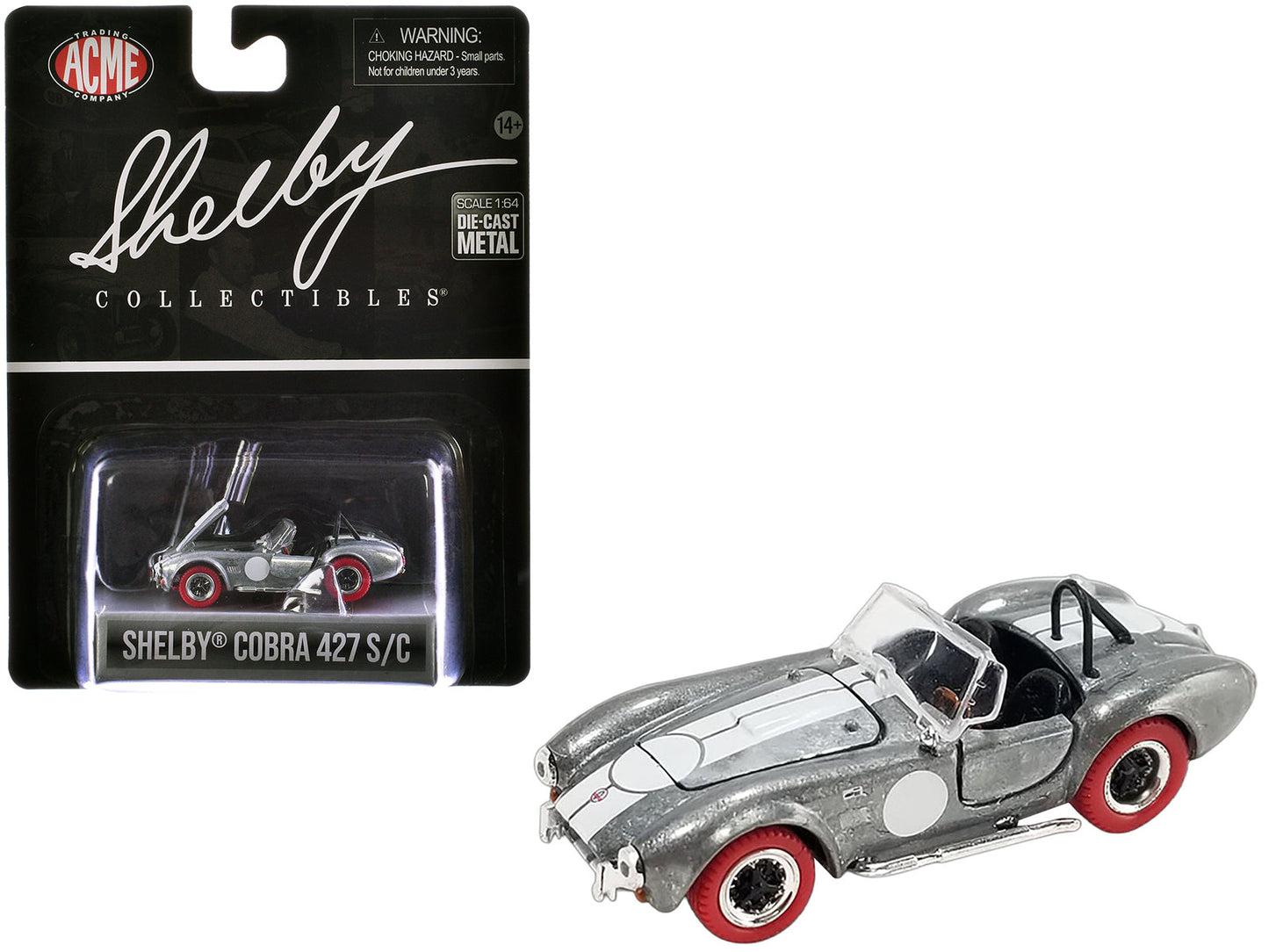 Shelby Cobra 427 S/C Raw Metal with White Stripes and Red Tires "Shelby Collectibles" Series 1/64 Diecast Model Car by ACME  free shipping USA