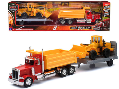 Peterbilt 379 Dump Truck Red and Wheel Loader Yellow with Flatbed Trailer "Long Haul Truckers" Series 1/32 Diecast Model by New Ray  free shipping USA