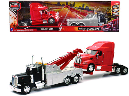 Peterbilt 379 Tow Truck Black with Peterbilt 387 Truck Tractor Red Set of 2 pieces 1/32 Diecast Model by New Ray  free shipping USA