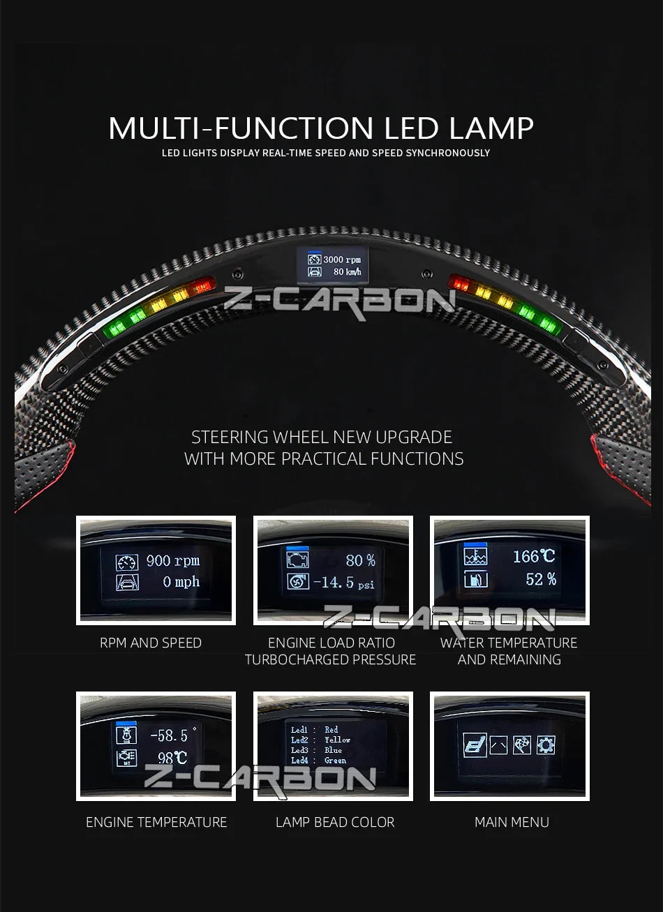 For Nissan 350Z Z33 2003-2008 LED Steering Wheel Carbon Fiber Perforated Leather Steering Wheel Flat Bottom Red Stitching