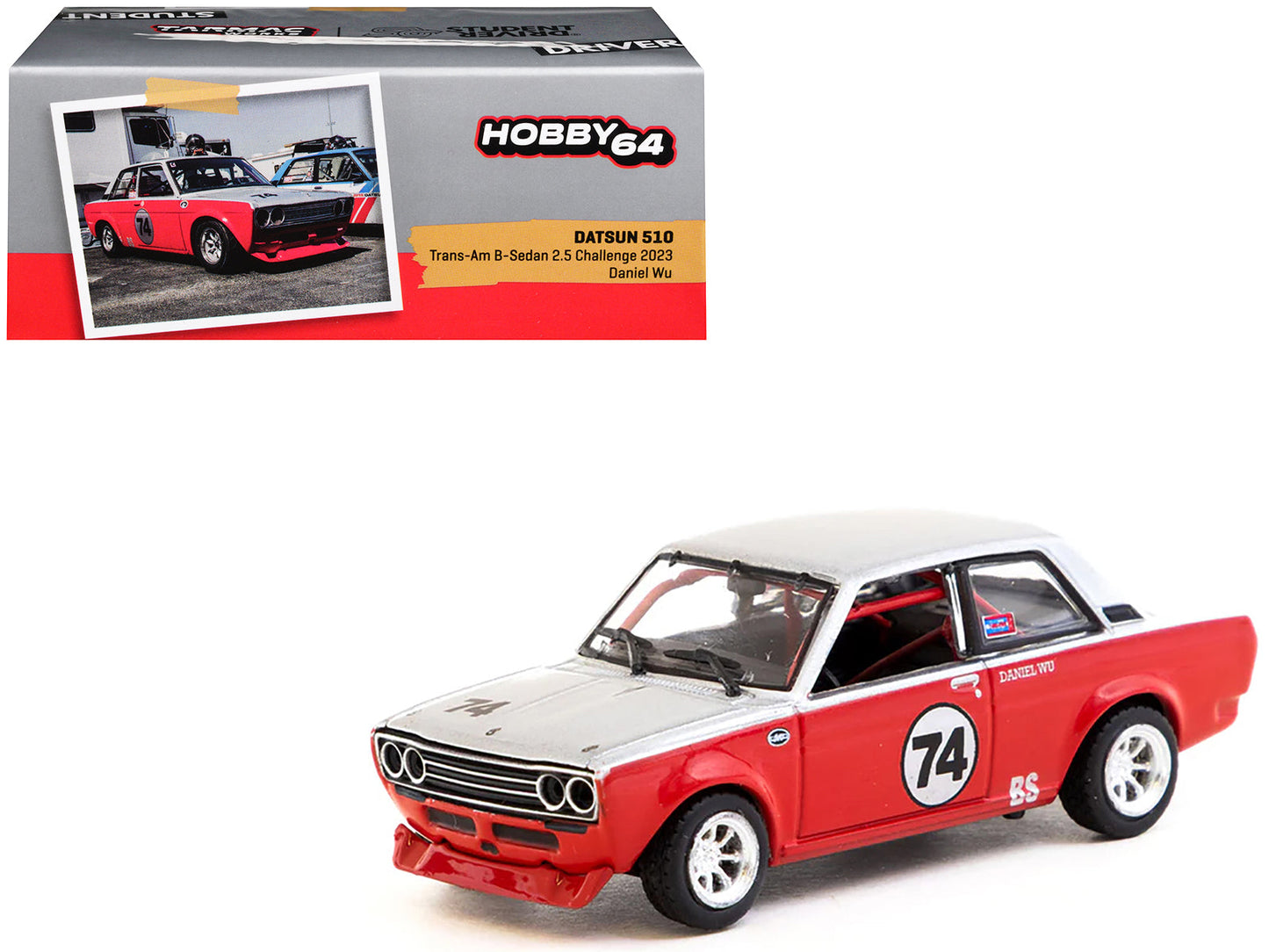 Datsun 510 #74 Daniel Wu "Trans-Am B-Sedan 2.5 Challenge" (2023) Silver and Red "Hobby64" Series 1/64 Diecast Model Car by Tarmac Works  free shipping USA