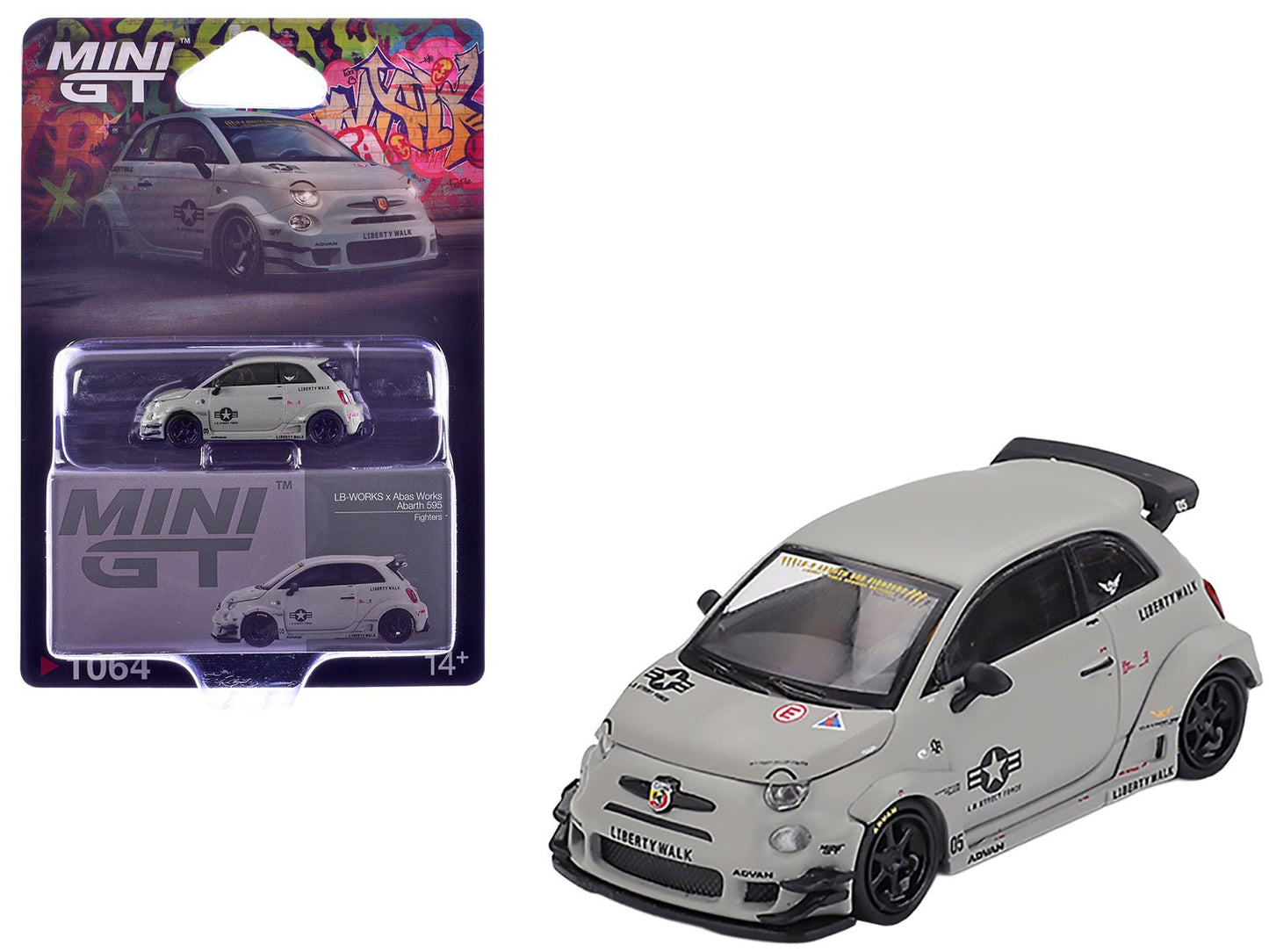 ABARTH 595 LB-Works x Abas Works "Fighters" Matt Gray Limited Edition 1/64 Diecast Model Car by Mini GT  free shipping USA