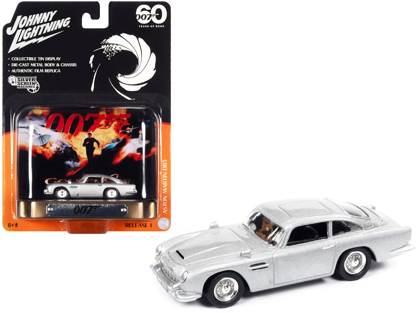 Aston Martin DB5 RHD (Right Hand Drive) Silver Metallic 007 (James Bond) "GoldenEye" (1995) Movie with Collectible Tin Display "Silver Screen Machines" Series 1/64 Diecast Model Car by Johnny Lightning  free shipping USA
