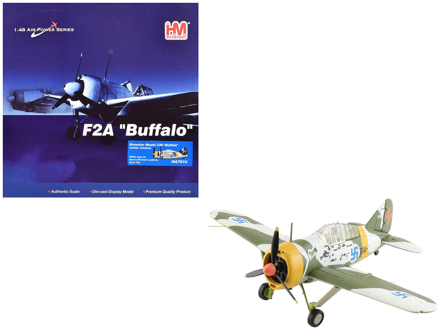 Brewster F2A Model 239 "Buffalo" Fighter Aircraft "BW364 LeLv 24 flown by Warrant Officer Ilmari Juutilainen" (1942) Finnish Air Force "Air Power Series" 1/48 Diecast Model by Hobby Master  free shipping USA