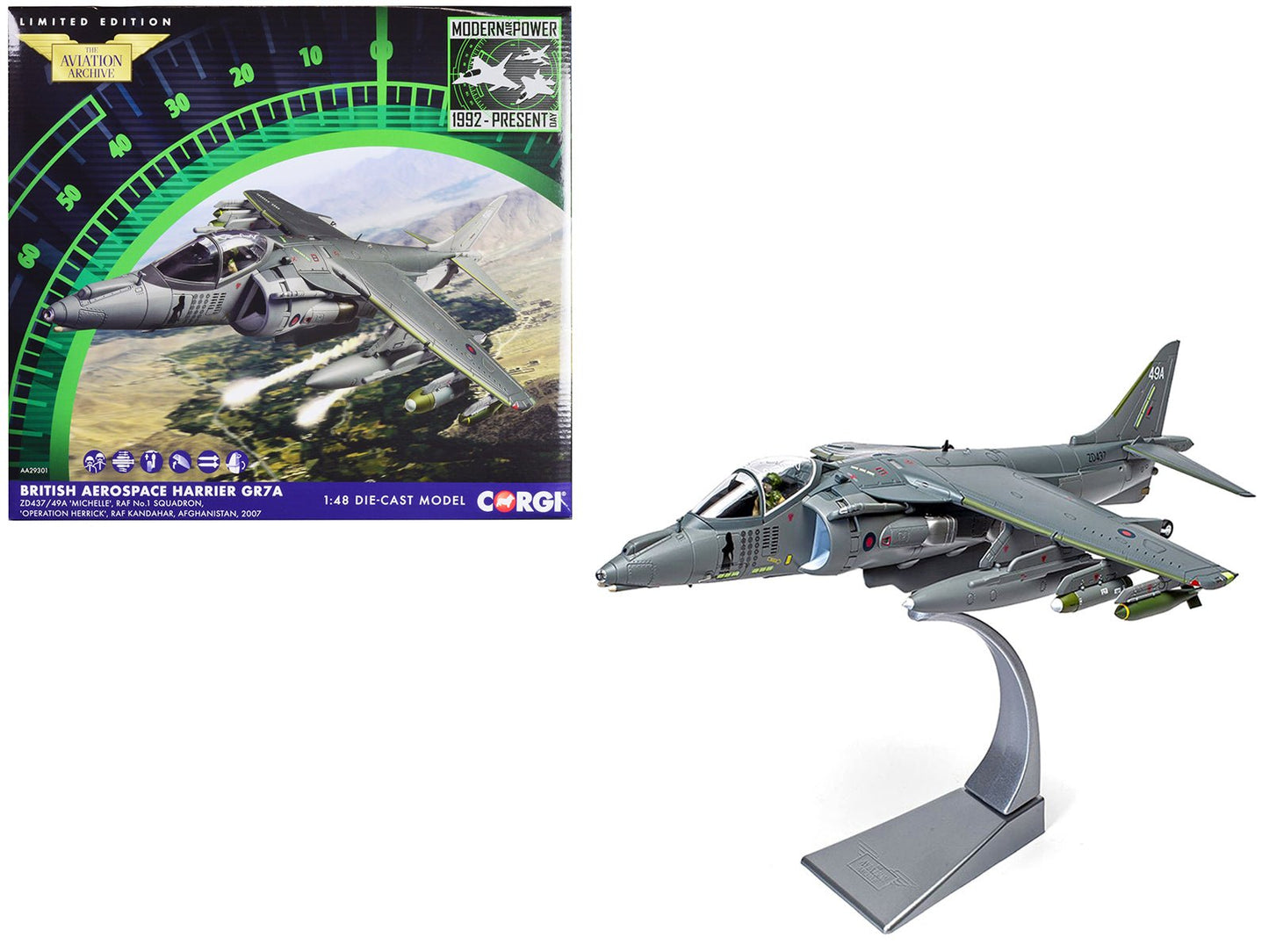British Aerospace Harrier GR7A Aircraft "Michelle RAF No.1 Squadron Operation Herrick RAF Kandahar Afghanistan" (2007) Royal Air Force "The Aviation Archive" Series 1/48 Diecast Model by Corgi  free shipping USA