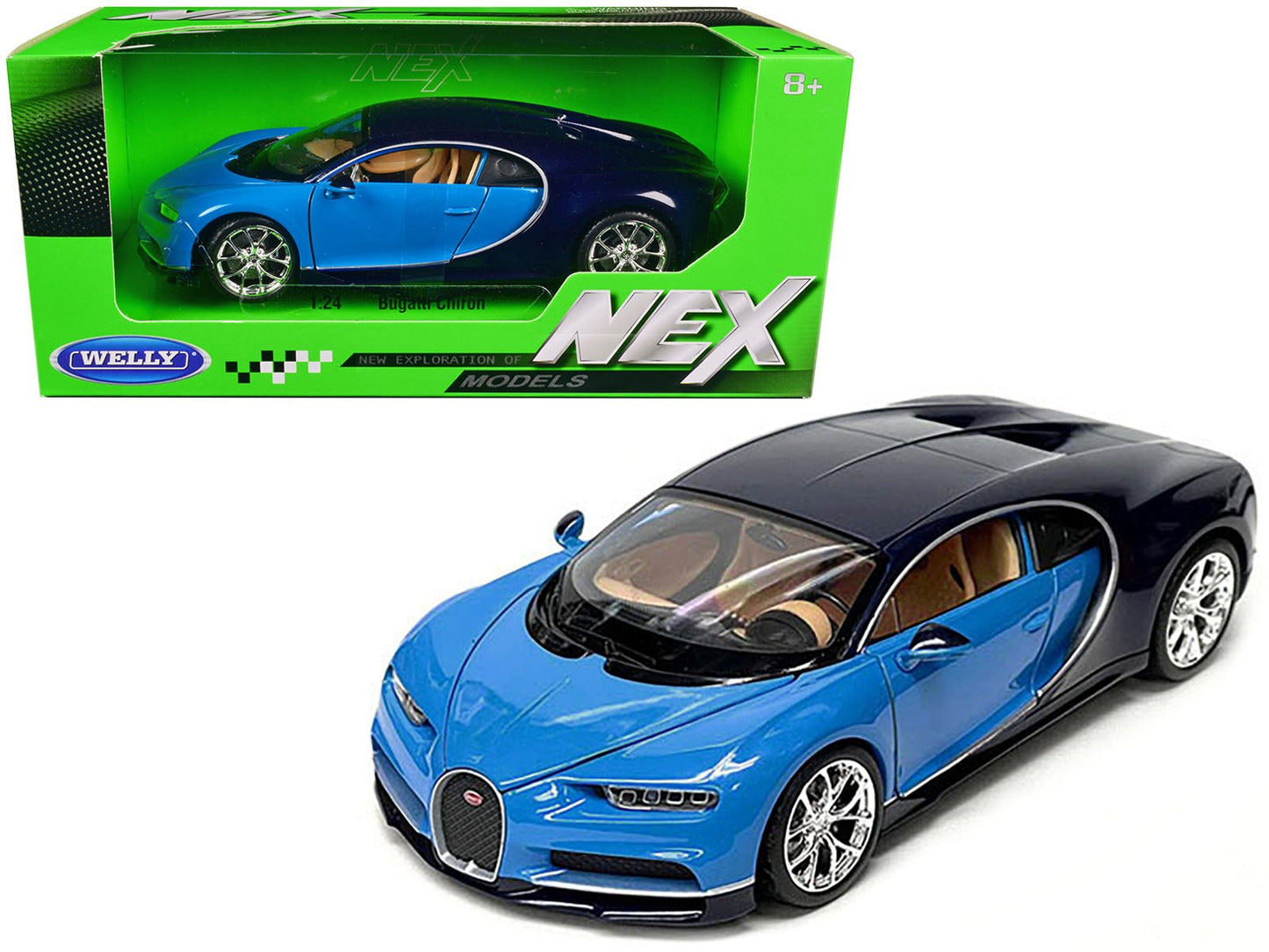 Bugatti Chiron Blue and Dark Blue Two-Tone "NEX Models" Series 1/24 Diecast Model Car by Welly  free shipping USA