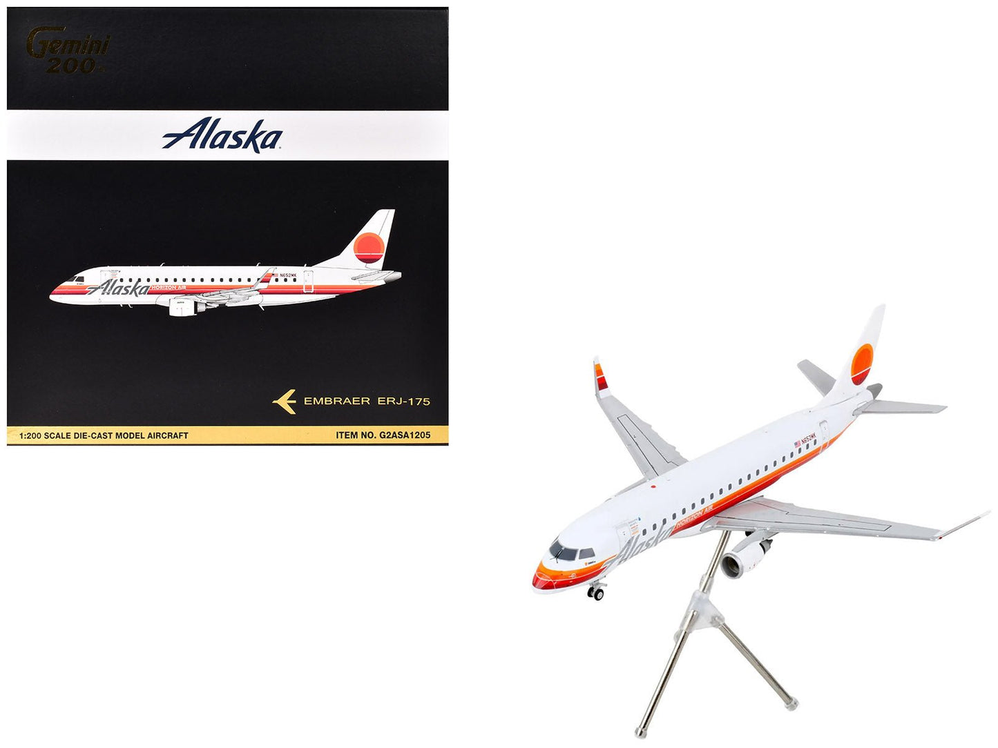 Embraer ERJ-175 Commercial Aircraft "Alaska Airlines - Horizon Air" (N652MK) White with Red and Orange Stripes "Gemini 200" Series 1/200 Diecast Model Airplane by GeminiJets  free shipping USA