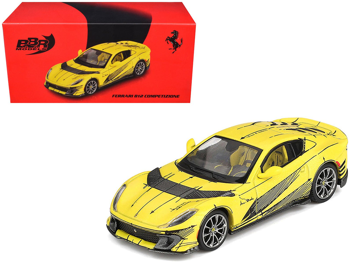 Ferrari 812 Competizione Matt Yellow with Graphics and Yellow Interior "Tailor Made" 1/64 Diecast Model Car by BBR  free shipping USA