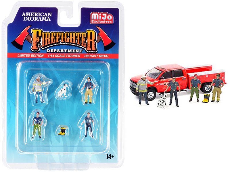 "Firefighter II" 6 piece Diecast Set (4 Figurines 1 Dog and 1 Accessory) for 1/64 Scale Models by American Diorama  free shipping USA