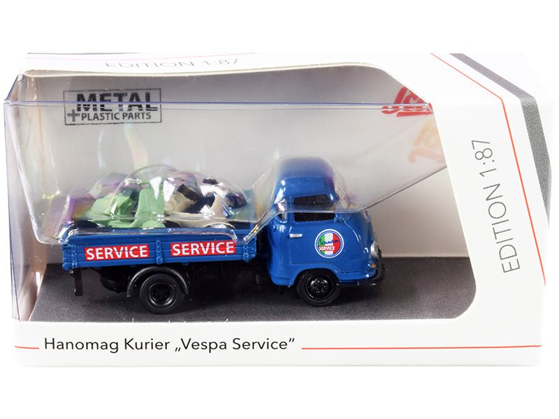 Hanomag Kurier Transporter "Vespa Service" Blue with 2 Vespas (Green and Cream) 1/87 (HO) Diecast Models by Schuco  free shipping USA