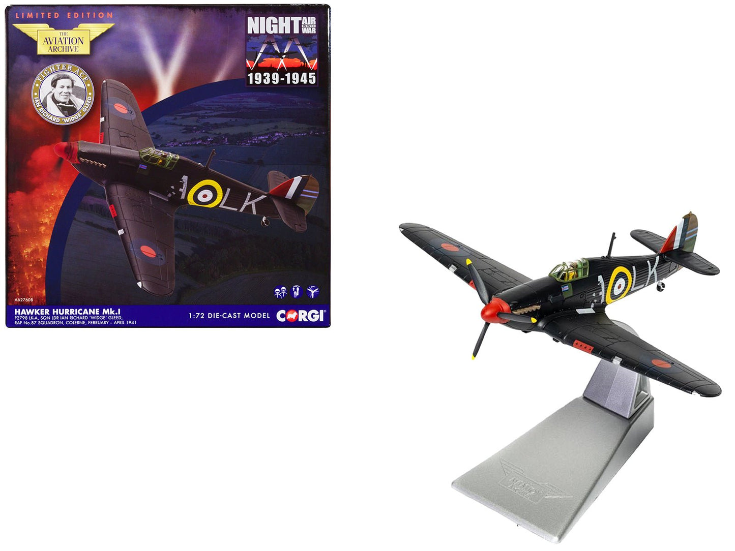 Hawker Hurricane Mk.I Fighter Aircraft "Sqn Ldr. Ian Richard 'Widge' Gleed No.87 Sqn Colerne" (1941) British Royal Air Force "The Aviation Archive" Series 1/72 Diecast Model by Corgi  free shipping USA