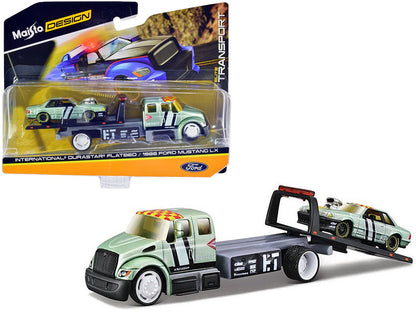International DuraStar Flatbed Truck #17 and 1988 Ford Mustang LX #17 Light Green Metallic with Stripes and Graphics "Elite Transport" Series 1/64 Diecast Models by Maisto  free shipping USA