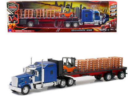 Kenworth W900 Truck with Flatbed Trailer Blue with Forklift and Pallets "Long Haul Truckers" Series 1/32 Diecast Model by New Ray  free shipping USA