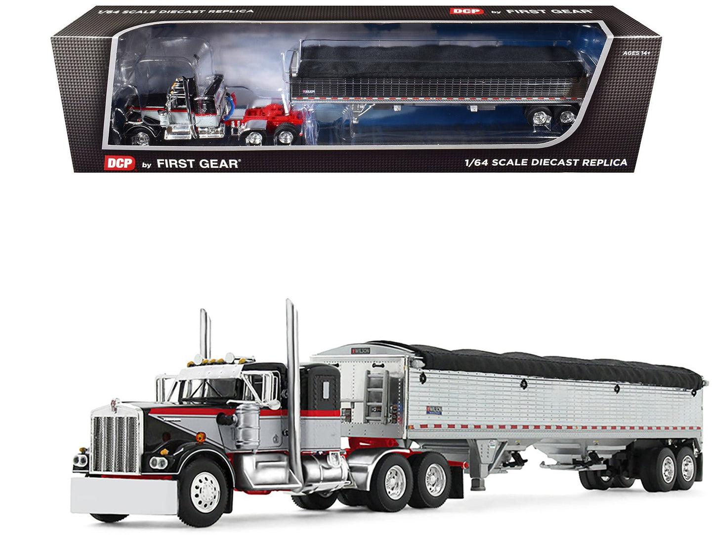 Kenworth W900A with 36" Sleeper and 43' Wilson Pacesetter Grain Trailer Black and Gray with Viper Red Stripes 1/64 Diecast Model by DCP/First Gear  free shipping USA