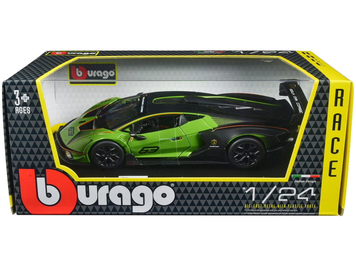 Lamborghini Essenza SCV12 #63 Green Metallic and Black "Squadra Corse" "Race" Series 1/24 Diecast Model Car by Bburago  free shipping USA