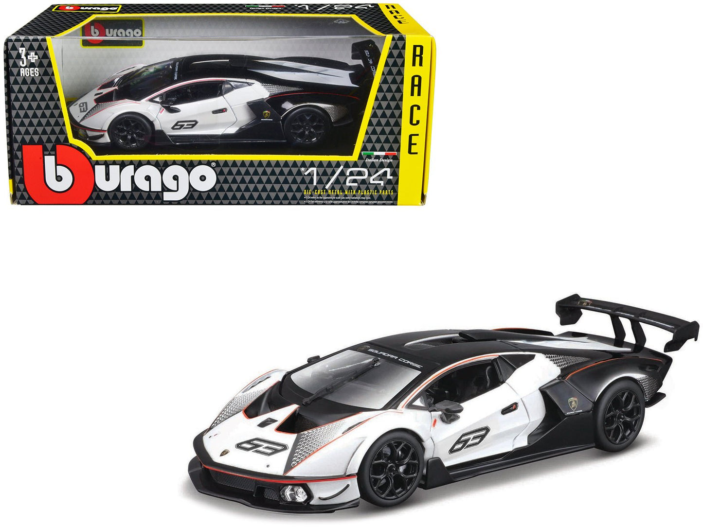 Lamborghini Essenza SCV12 #63 White and Black "Squadra Corse" "Race" Series 1/24 Diecast Model Car by Bburago  free shipping USA