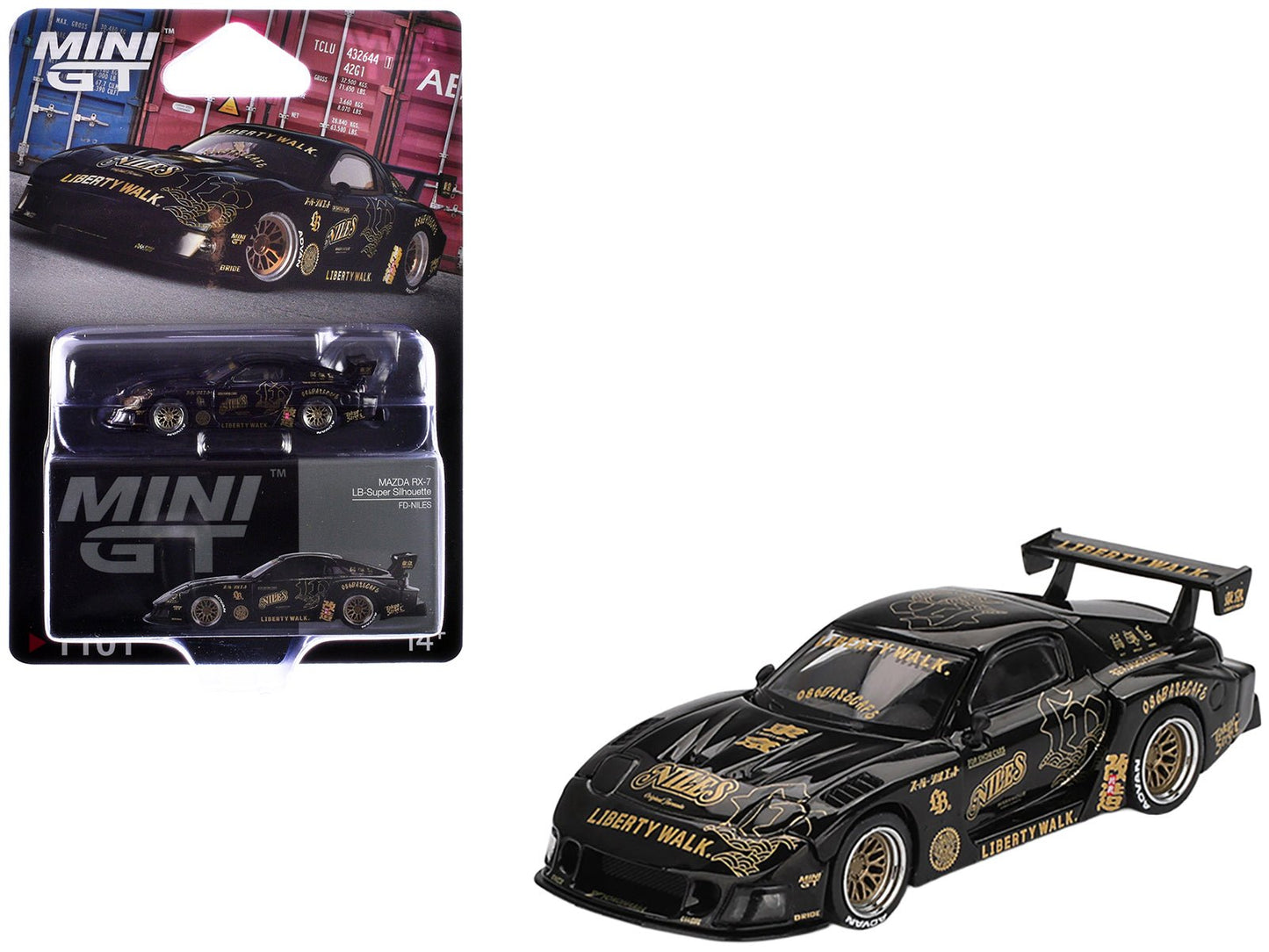 Mazda RX-7 LB-Super Silhouette "FD-NILES" Black with Gold Graphics Limited Edition 1/64 Diecast Model Car by Mini GT  free shipping USA