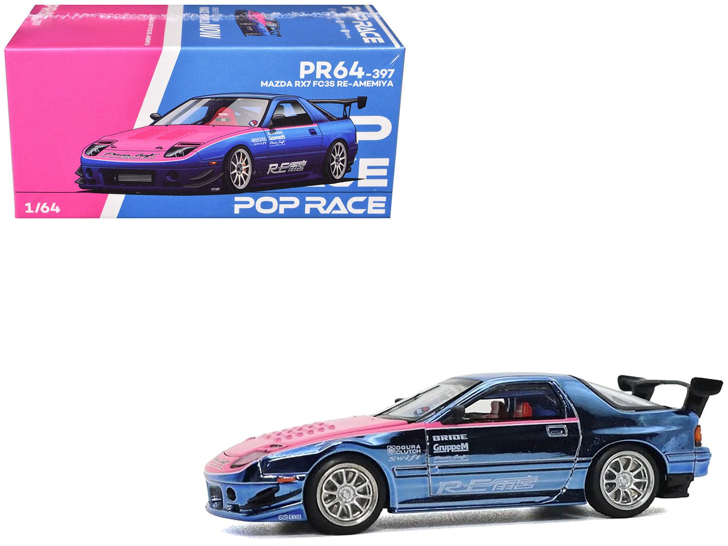 Mazda RX7 (FC3S) RE Amemiya RHD (Right Hand Drive) Blue Metallic with Pink Hood "Los Angeles Edition" 1/64 Diecast Model Car by Pop Race  free shipping USA