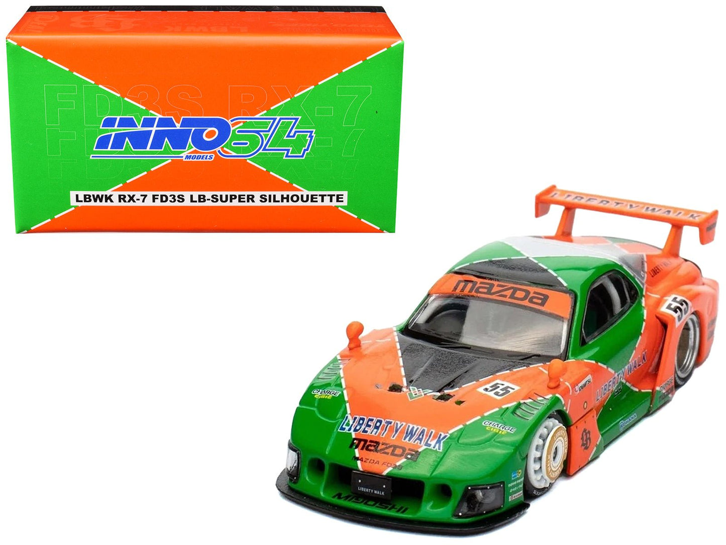 Mazda RX7 (FD3S) LB-Super-Silhouette RHD (Right Hand Drive) #55 Green and Orange with Graphics "Tokyo Auto Salon 2024 - Malaysia Diecast Expo 2024" 1/64 Diecast Model Car by Inno Models  free shipping USA