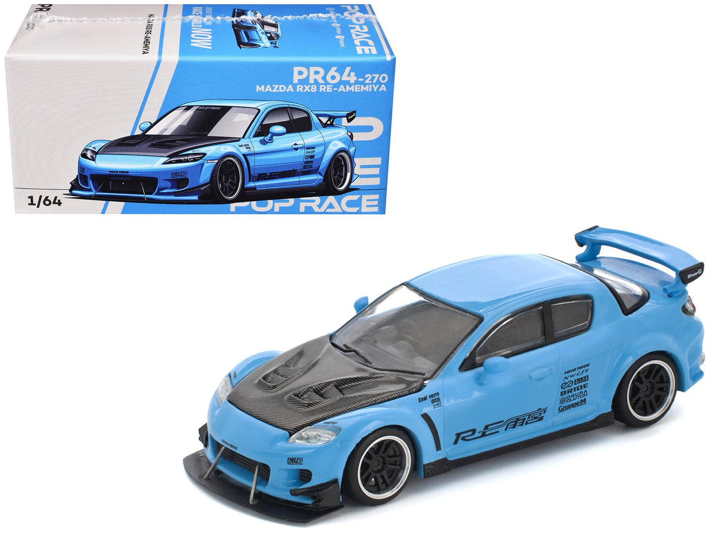 Mazda RX8 RE-Amemiya Widebody RHD (Right Hand Drive) Light Blue with Carbon Hood 1/64 Diecast Model Car by Pop Race  free shipping USA