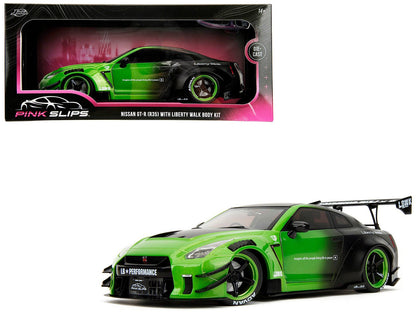Nissan GT-R (R35) Liberty Walk Body Kit 2.0 RHD (Right Hand Drive) Green and Matt Black "Pink Slips" Series 1/18 Diecast Model Car by Jada  free shipping USA