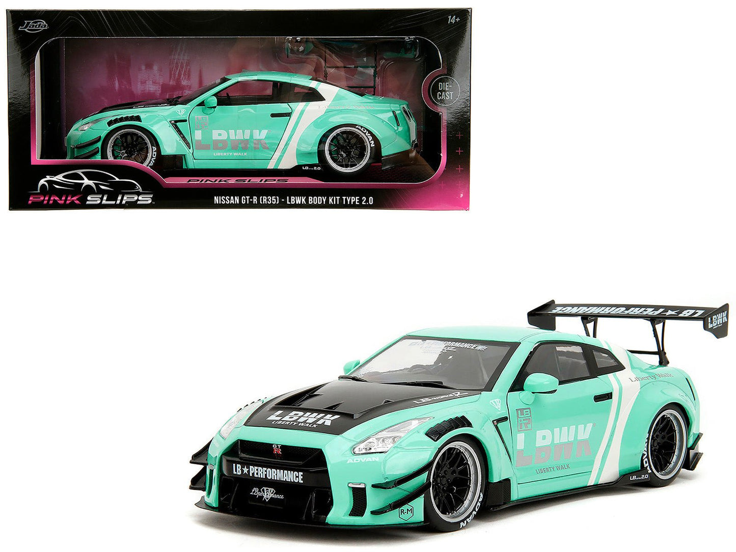 Nissan GT-R (R35) Liberty Walk Body Kit 2.0 RHD (Right Hand Drive) Light Blue with Black Hood and White Stripes "Pink Slips" Series 1/18 Diecast Model Car by Jada  free shipping USA