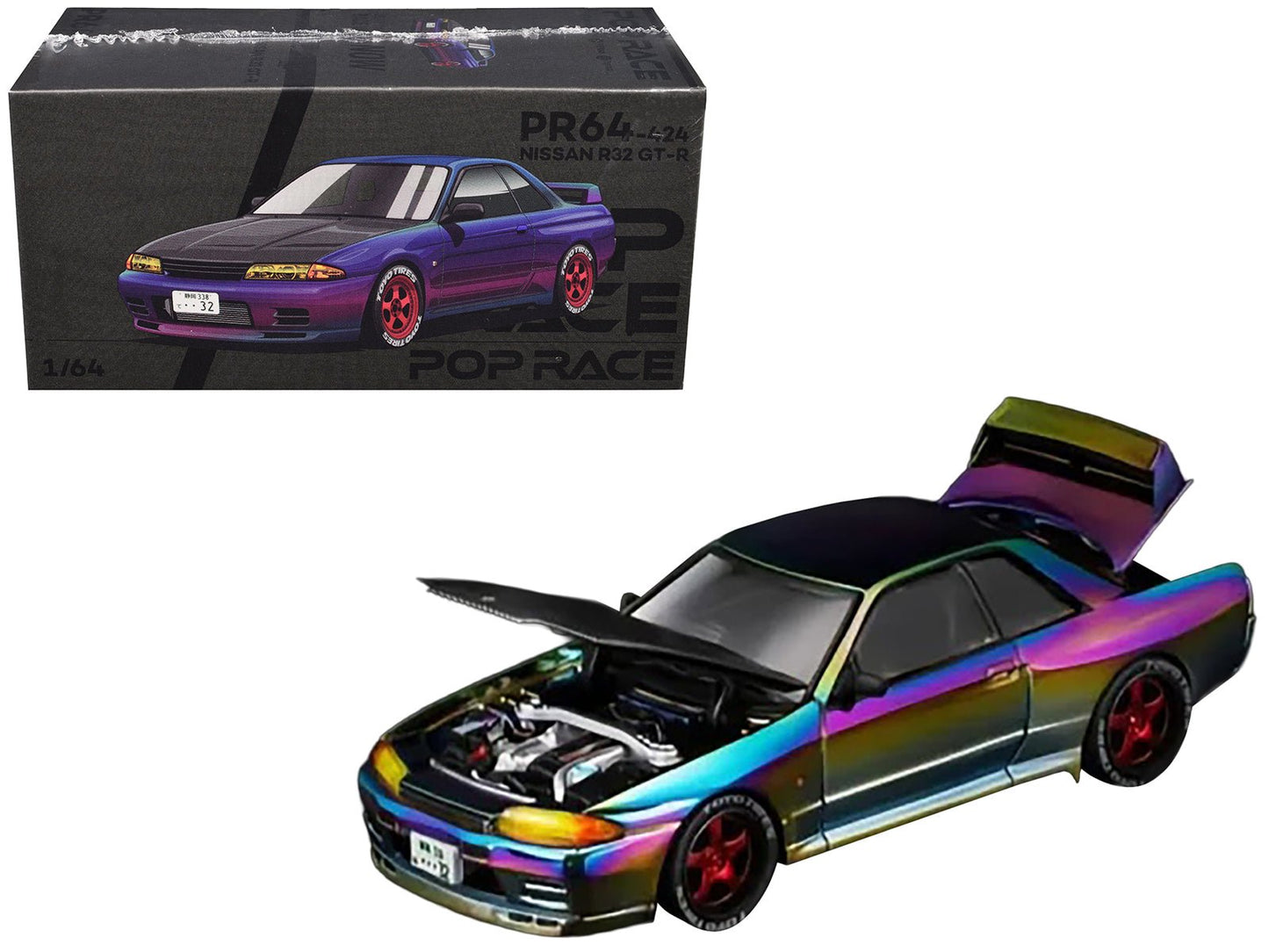 Nissan Skyline GT-R (R32) RHD (Right Hand Drive) Chameleon Chrome with Carbon Hood "Vancouver Edition" 1/64 Diecast Model Car by Pop Race  free shipping USA