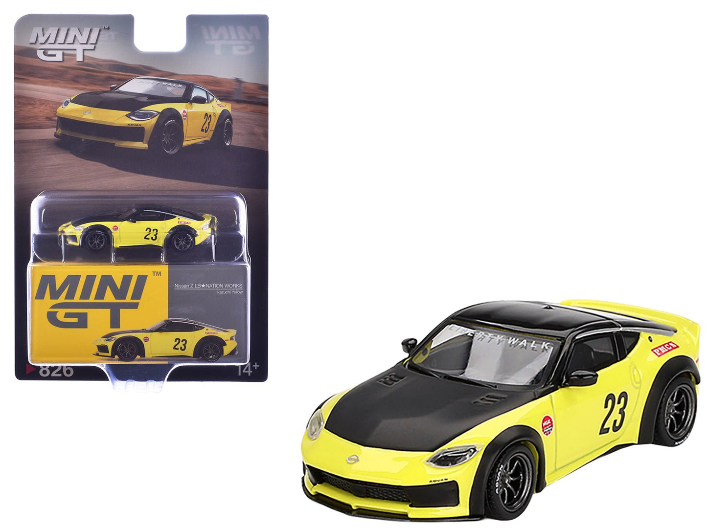 Nissan Z "LB-Nation Works" #23 Ikazuchi Yellow with Black Hood and Top Limited Edition 1/64 Diecast Model Car by Mini GT  free shipping USA