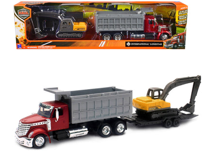 International Lonestar Dump Truck Red and Tracked Excavator Yellow with Flatbed Trailer "Long Haul Truckers" Series 1/43 Diecast Model by New Ray  free shipping USA