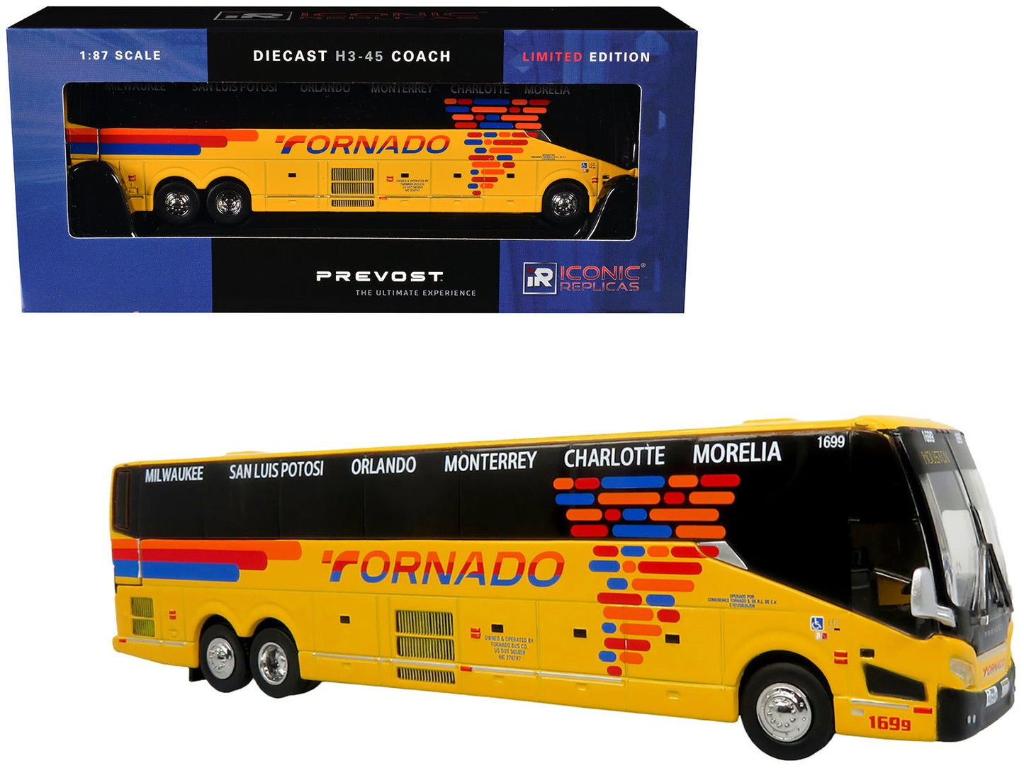Prevost H3-45 Coach Bus "Tornado Bus Company" Yellow with Graphics Limited Edition 1/87 (HO) Diecast Model by Iconic Replicas  free shipping USA