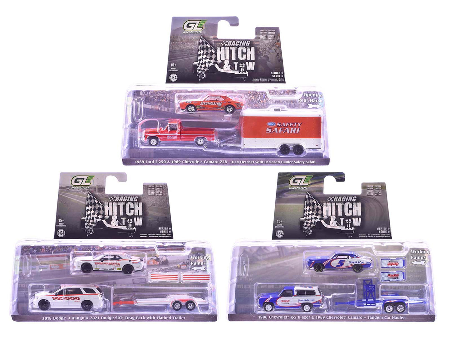 "Racing Hitch & Tow" Series #6 Set of 3 pieces 1/64 Diecast Model Cars by Greenlight  free shipping USA