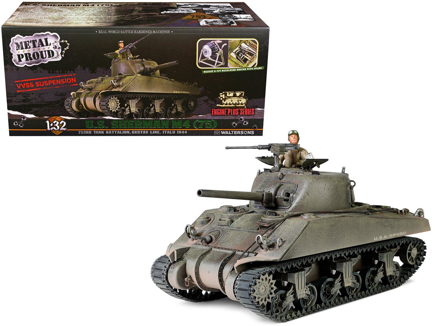 Sherman M4 (75) Medium Tank U.S. "753th Tank Battalion Gustav Line Italy" (1944) "Engine Plus" Series 1/32 Diecast Model by Metal Proud  free shipping USA